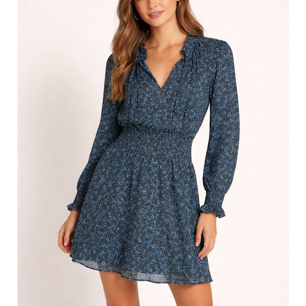 Parker Floral Ruffled Long Sleeve Smocked Mini Dress Blue Small